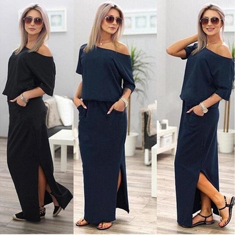 Sexy Women Boho Maxi Dress Short Sleeve Side Slit Loose Evening