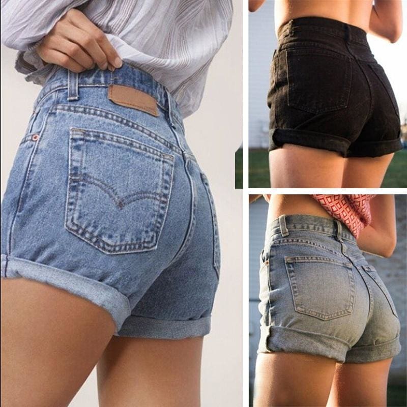 QUEQUE - High Waist Cuffed Denim Shorts