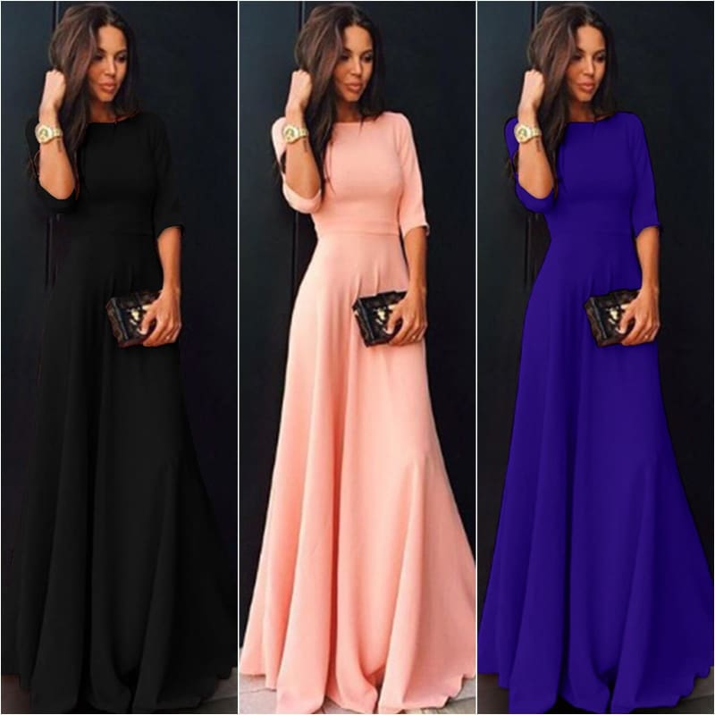 Womens Long Chiffon 3 4 Sleeve Evening Formal Party Prom Ball Gown