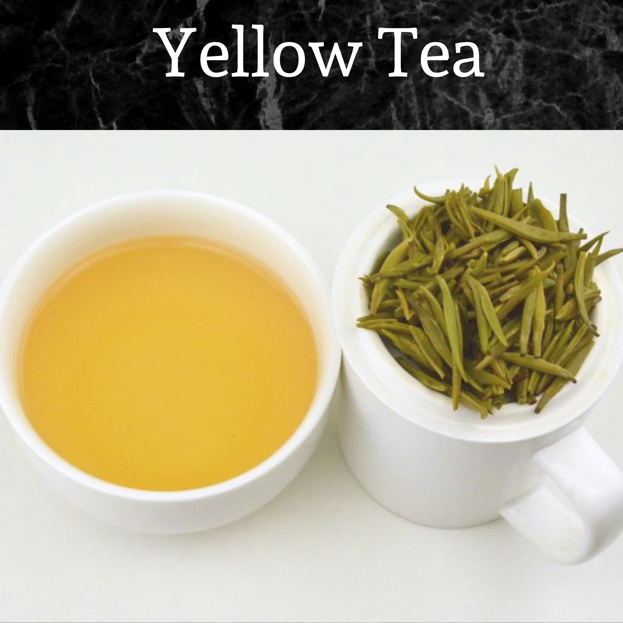 Yellow tea leaves and brewed tea