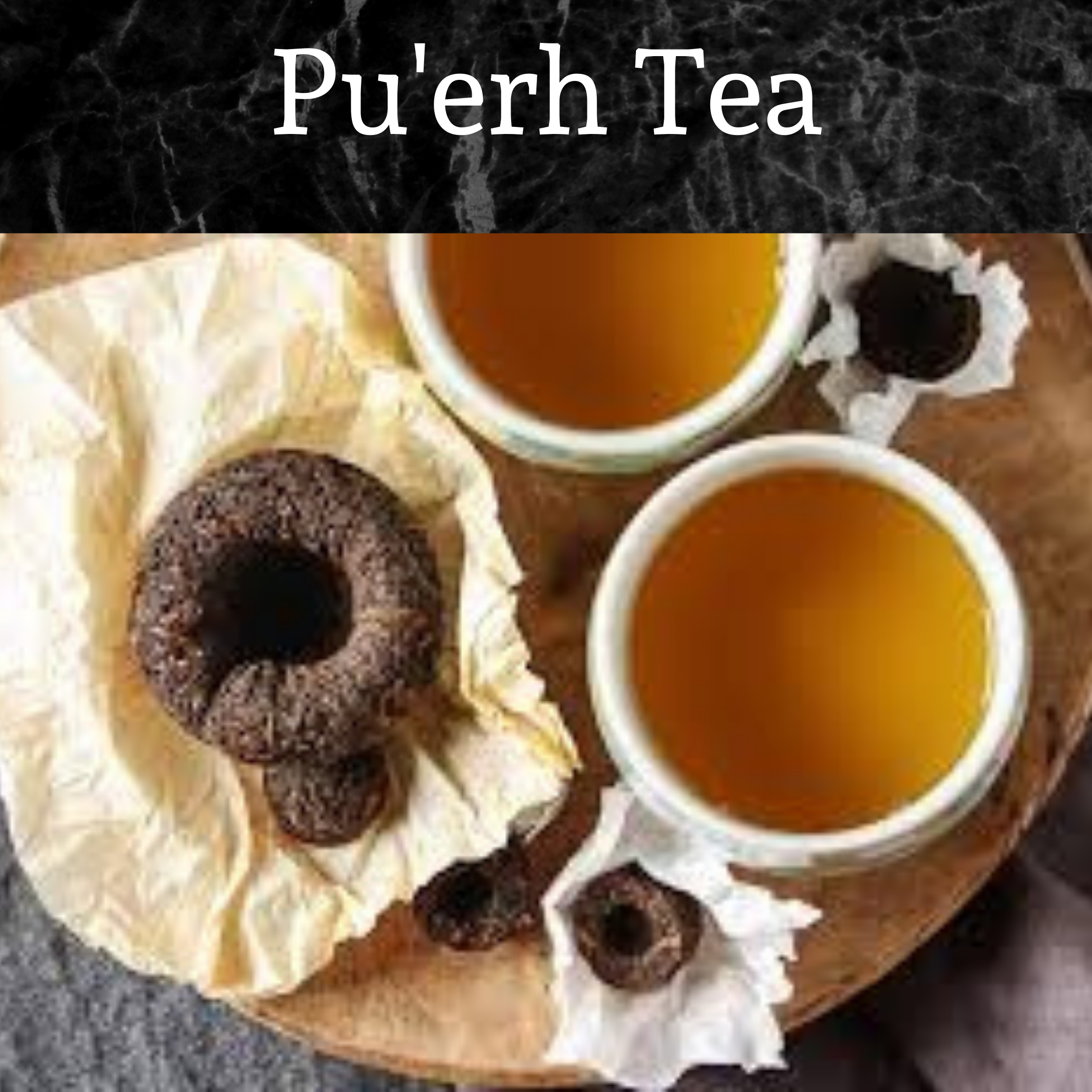 Pu'erh tea leaf cakes and brewed tea