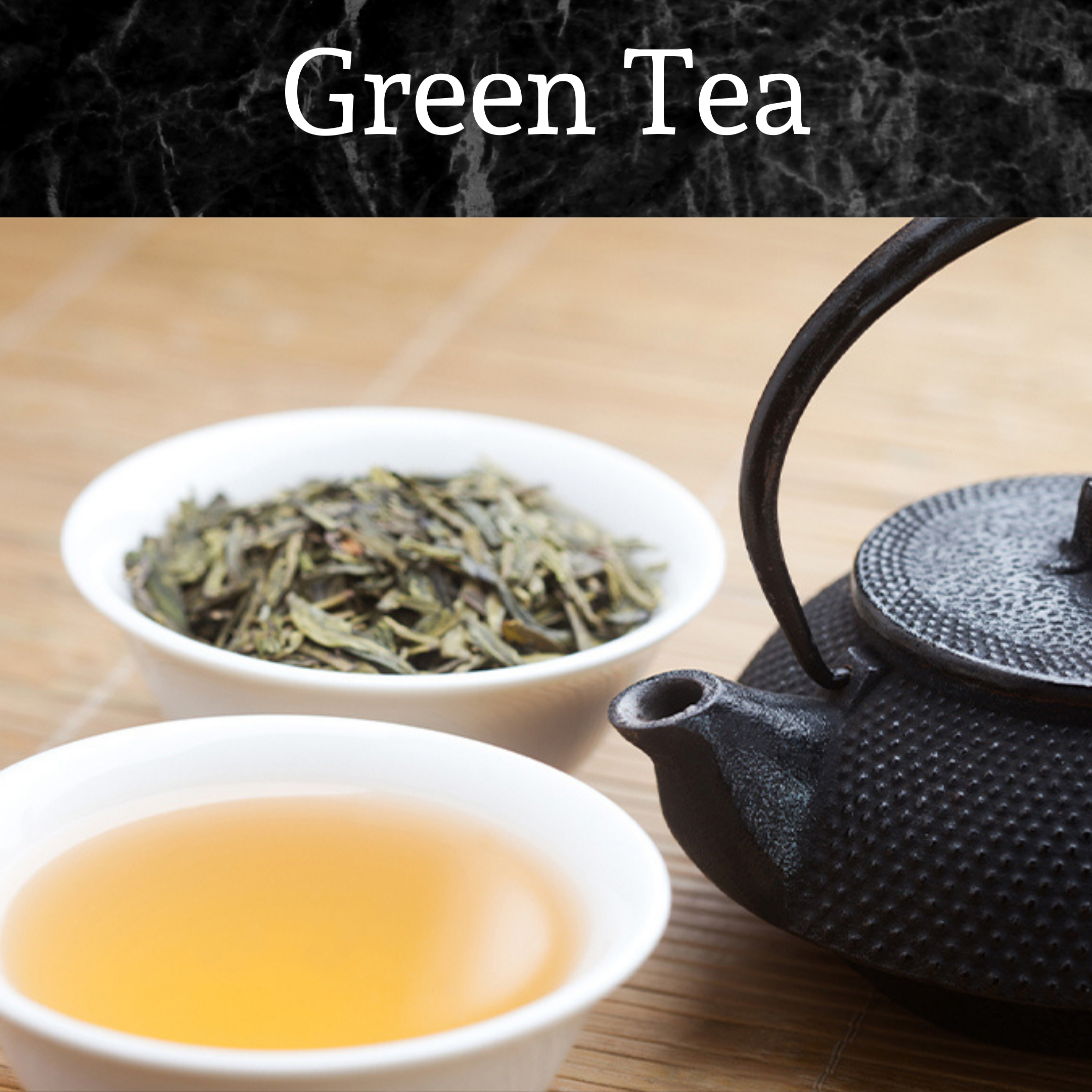 Green tea leaves, brewed tea and a kettle