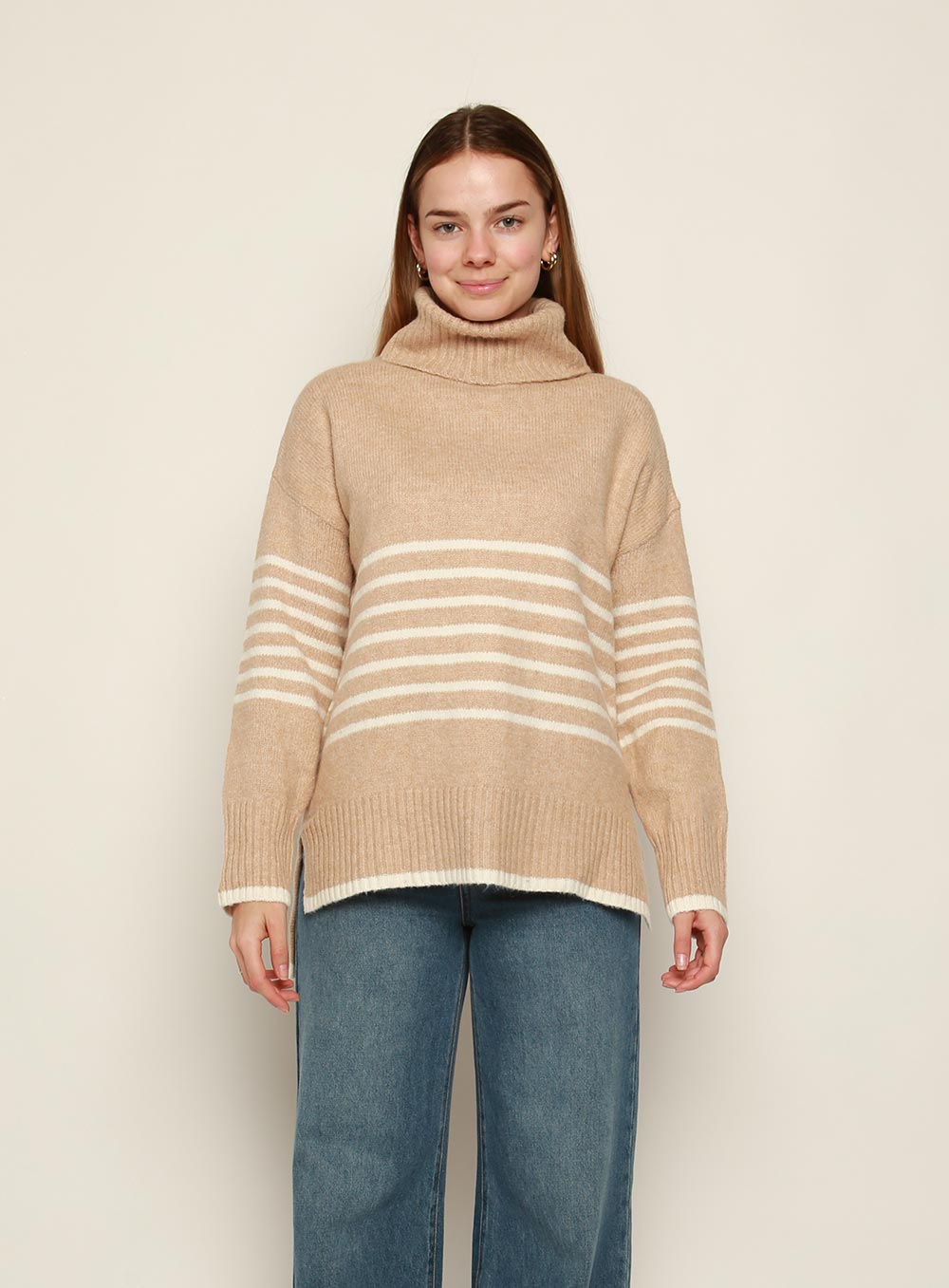 Cindy Roll Neck Stripe Knit-CAMEL/WHITE