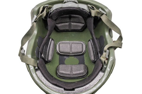 Inside of a ballistic helmet showcasing the shape and materials 