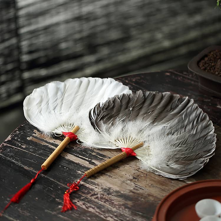 Rigid Chinese Hand Fan with Wood Feather