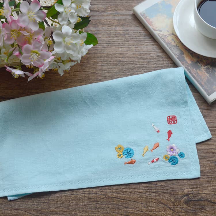 Blue Chinese Handkerchief with the Embroidered Pattern of Koi