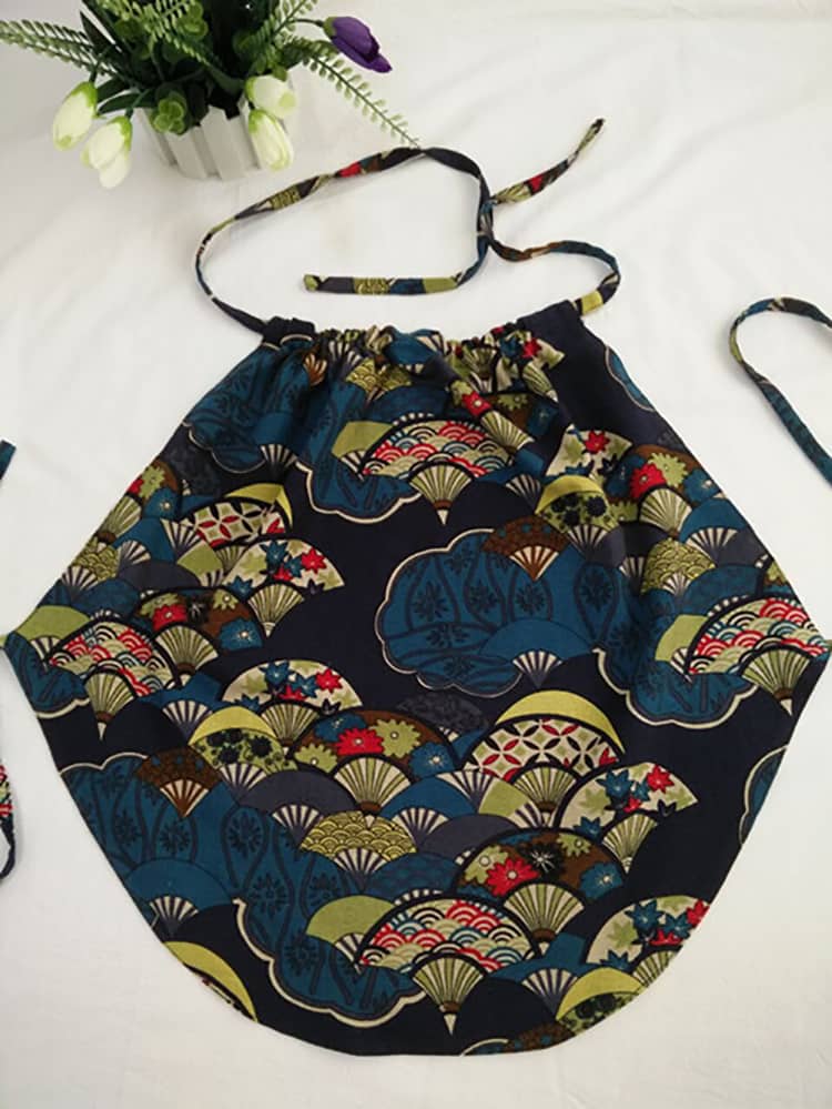Blue Chinese Underwear Dudou with Fan Patterns and Drawstring Neckline