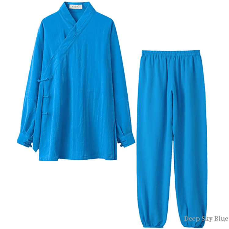 Dark sky blue tai chi uniform with strapped cuffs for men and women