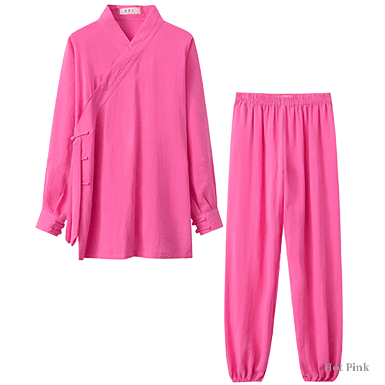 Hot pink tai chi uniform with strapped cuffs for men and women