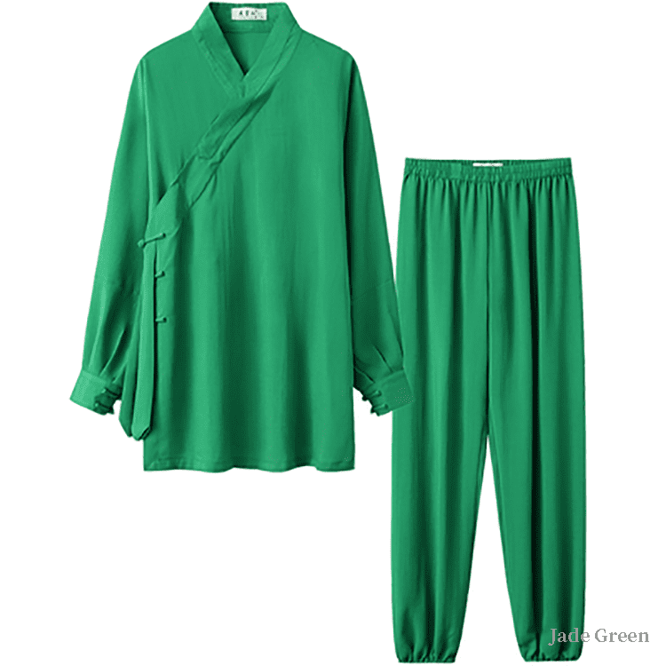 Jade green tai chi uniform with strapped cuffs for men and women