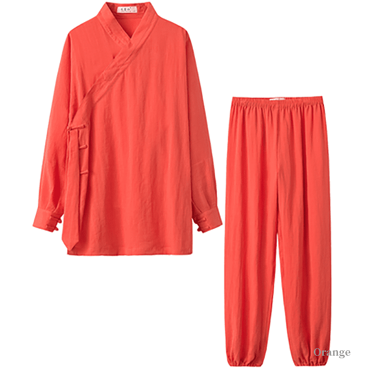 Orange tai chi uniform with strapped cuffs for men and women