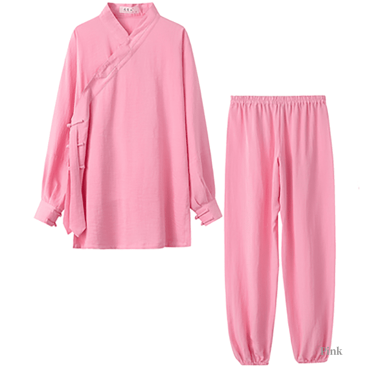 Pink tai chi uniform with strapped cuffs for men and women