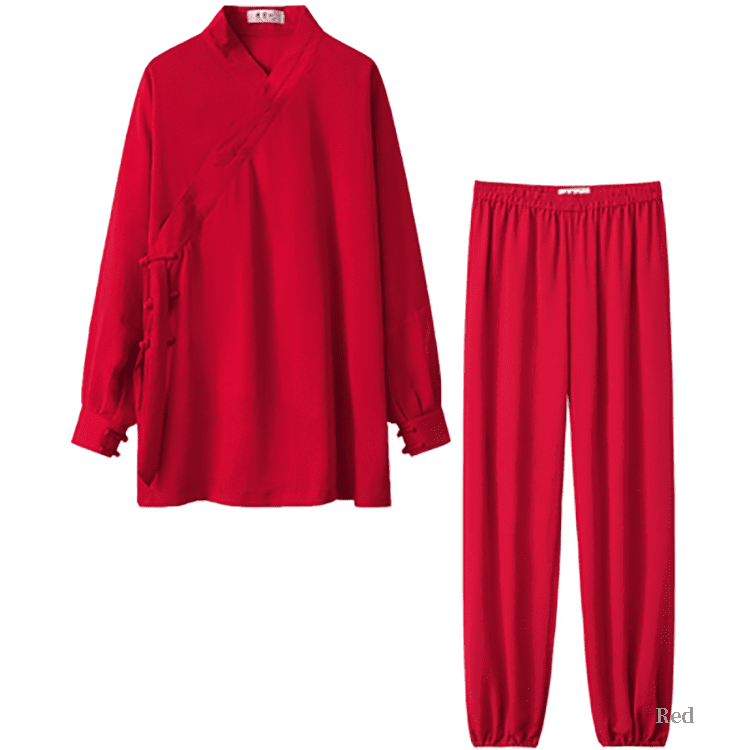 Red tai chi uniform with strapped cuffs for men and women