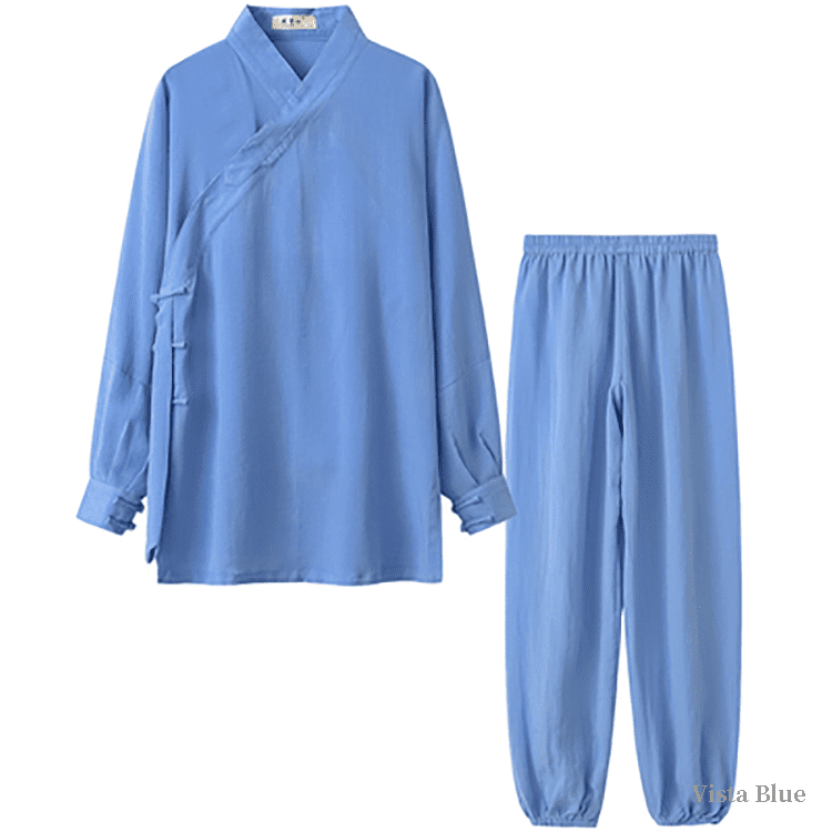 vista blue tai chi uniform with strapped cuffs for men and women