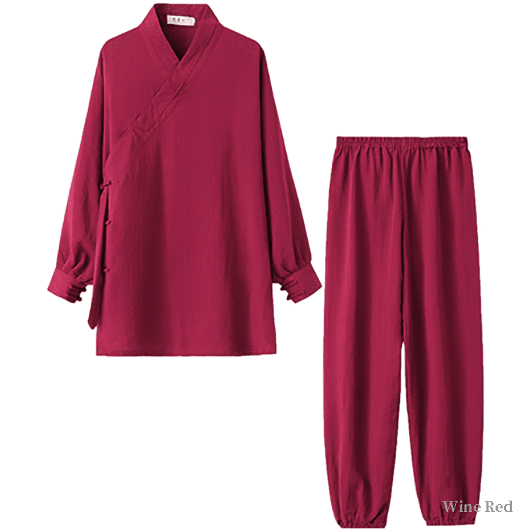 Wine red tai chi uniform with strapped cuffs for men and women