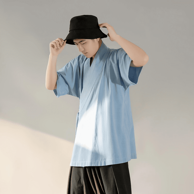 Blue Hanfu Shirt with Short Sleeves