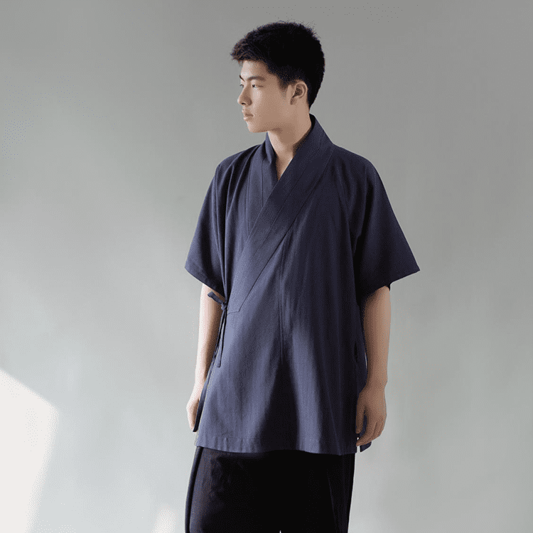 Navy Blue Hanfu Shirt with Short Sleeves