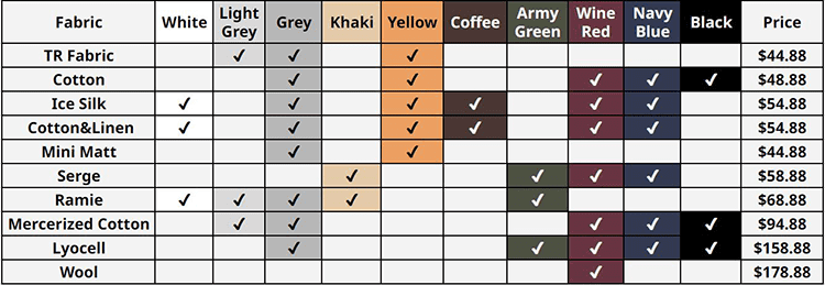 Fabric and Color Chart of Shaolin Monk Long Jacket
