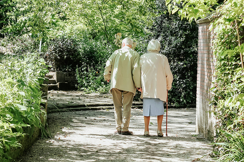 An elderly couple walking down a path surrounded by trees.