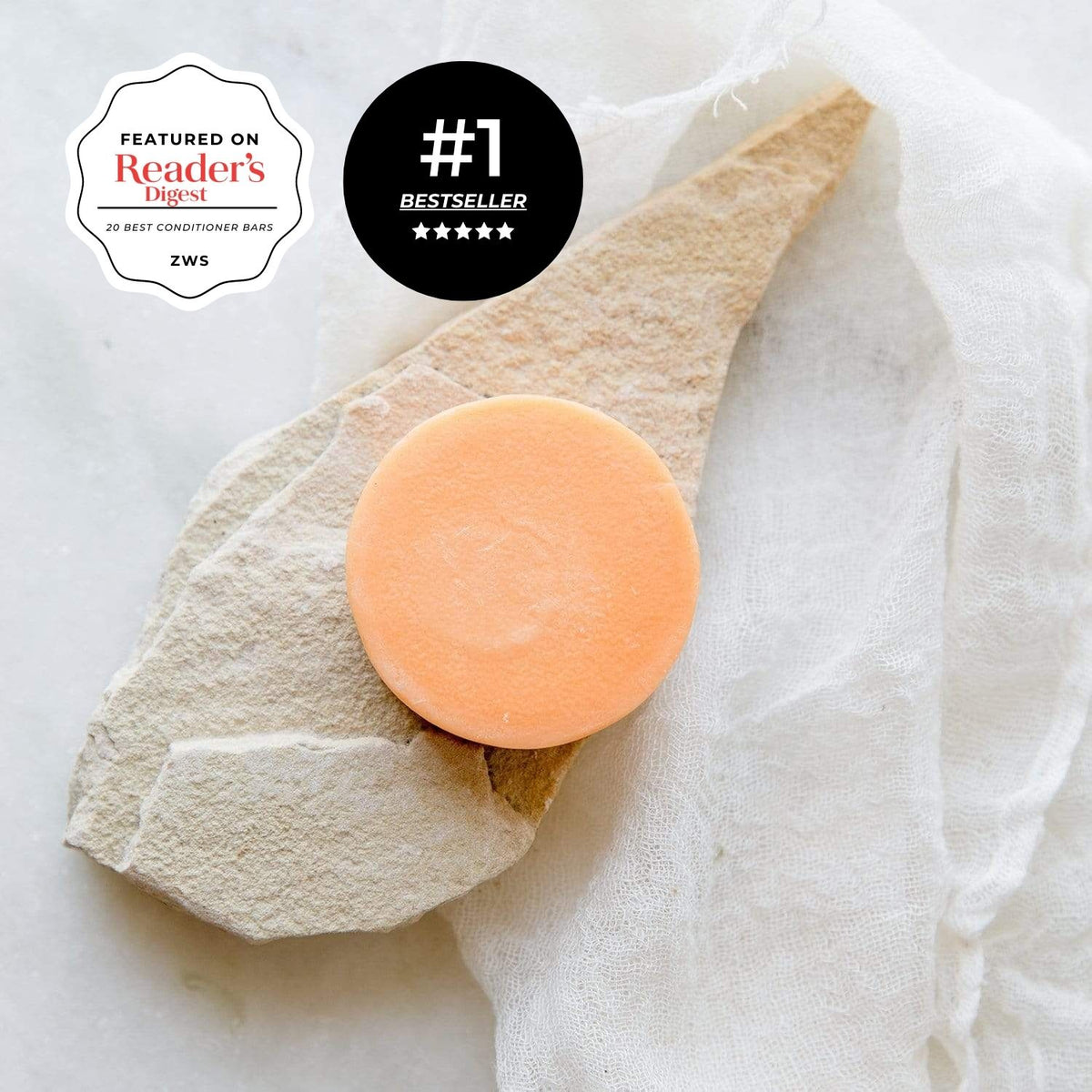 Orange Sunshine conditioner bar. Image labels read from left to right: Featured on Reader's Diget & #1 Bestseller 5 stars.