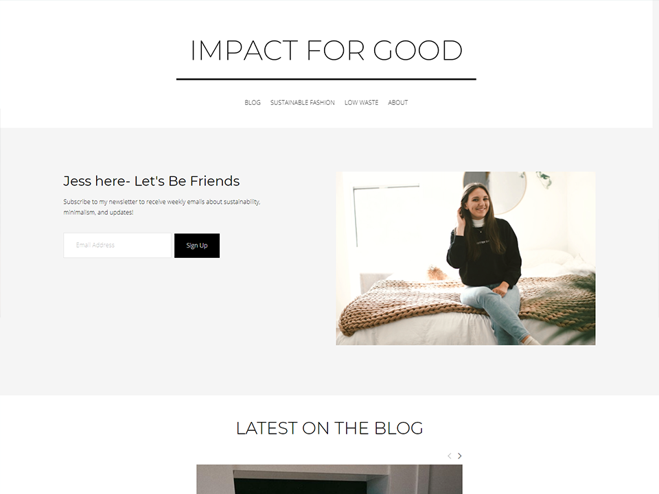 Impact for Good Home page featuring a picture of Jess and email signup.