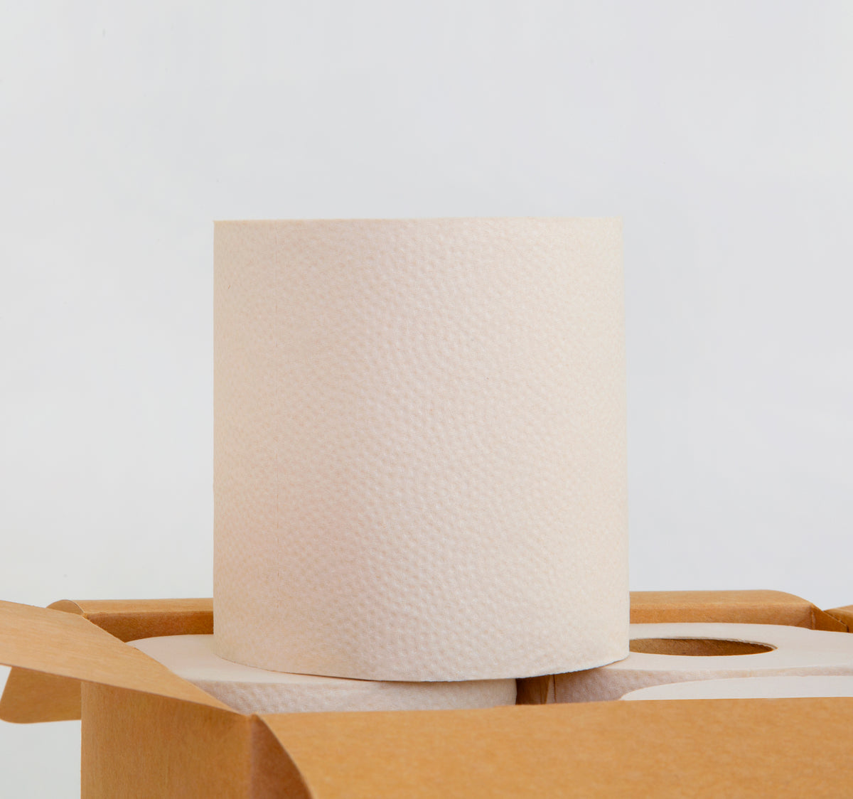 One roll of bamboo toilet paper on top of a box of toilet paper
