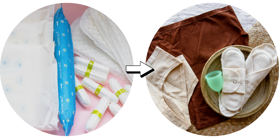 Swap single use tampons and pads for reusable menstrual cups, washable cotton pads, and period underwear