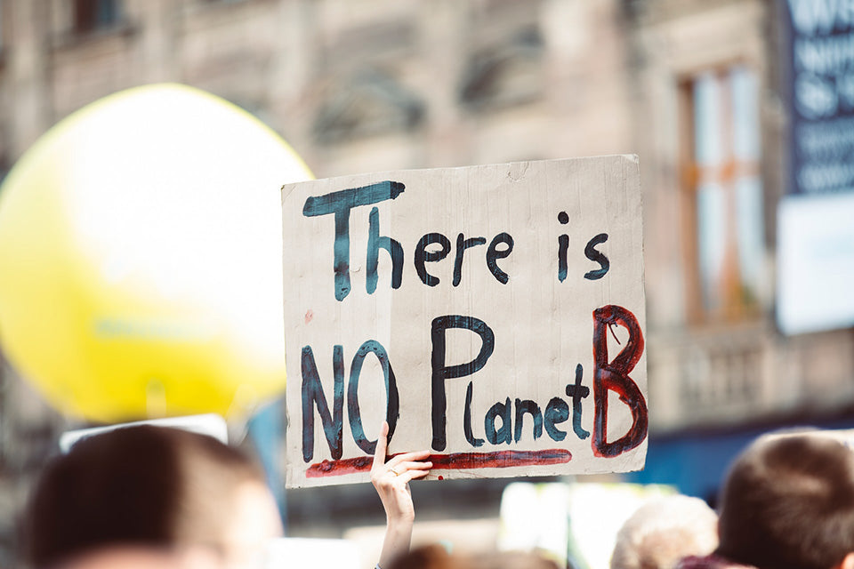 Protestor at a climate rally holds up a handmade sign on a piece of cardboard that reads 