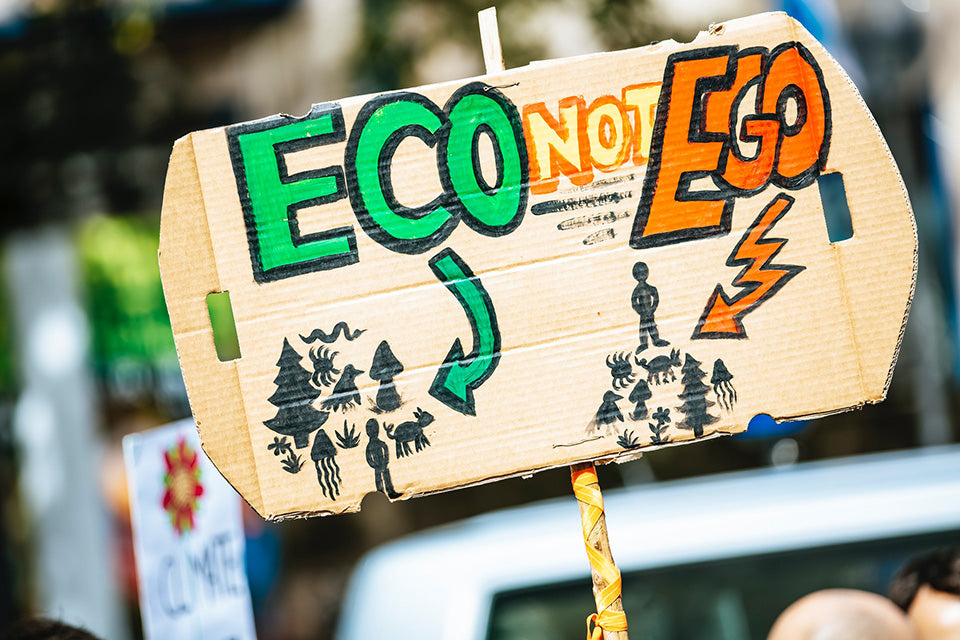 Climate protest focusing on a sign that reads eco (drawn images of humans with nature) not ego (drawn images of humans above nature)