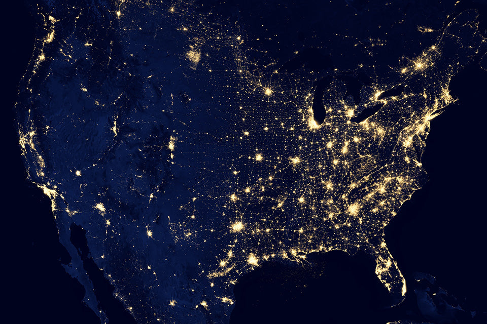 Light map of North America from Space. Cities are glowing with light pollution