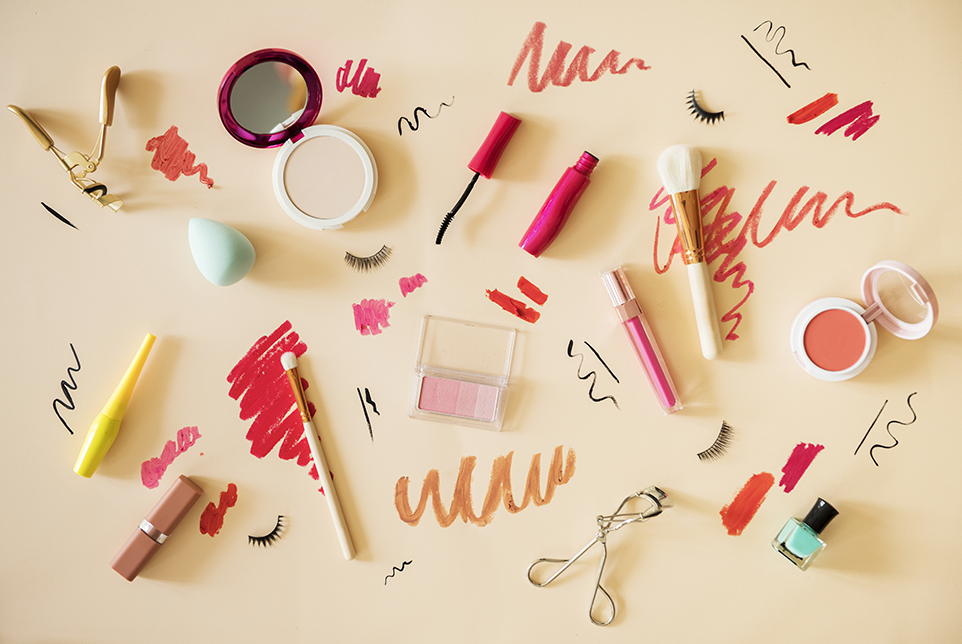 Flat lay of woman makeup swatches