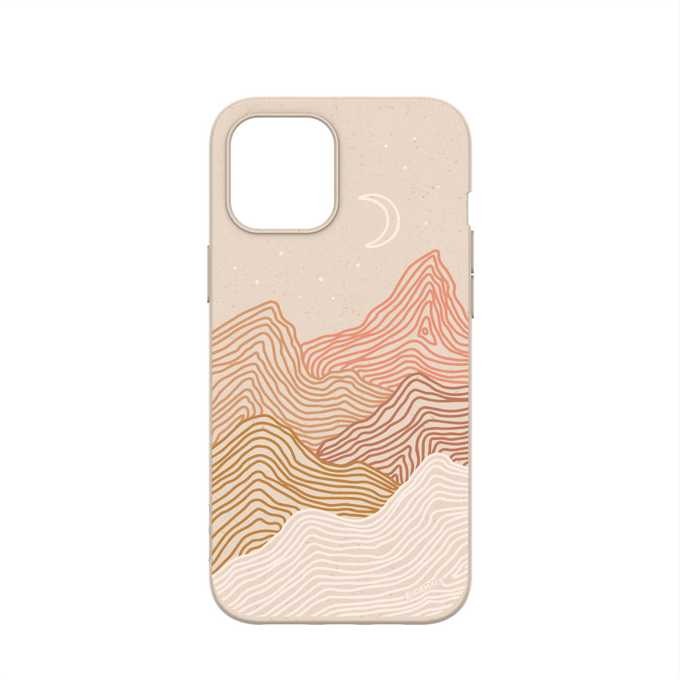 Sand colored iphone 12 case with mountain etched design and subtle rainbow in between the mountain peaks