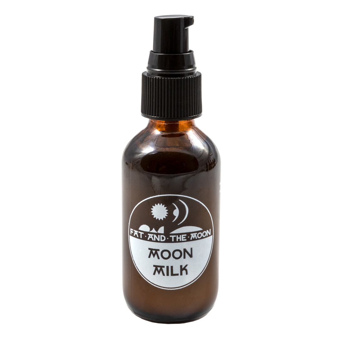 Brown glass jar with black plastic pump. Jar read: Fat and the Moon Moon Milk in white text