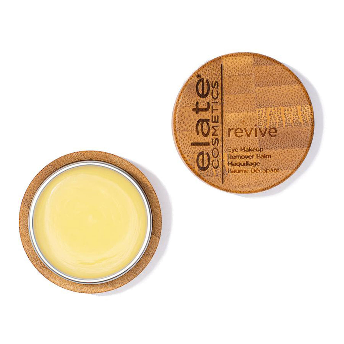 Open jar of cream colored remover balm cased in bamboo. Lid reads elate cosmetics revive