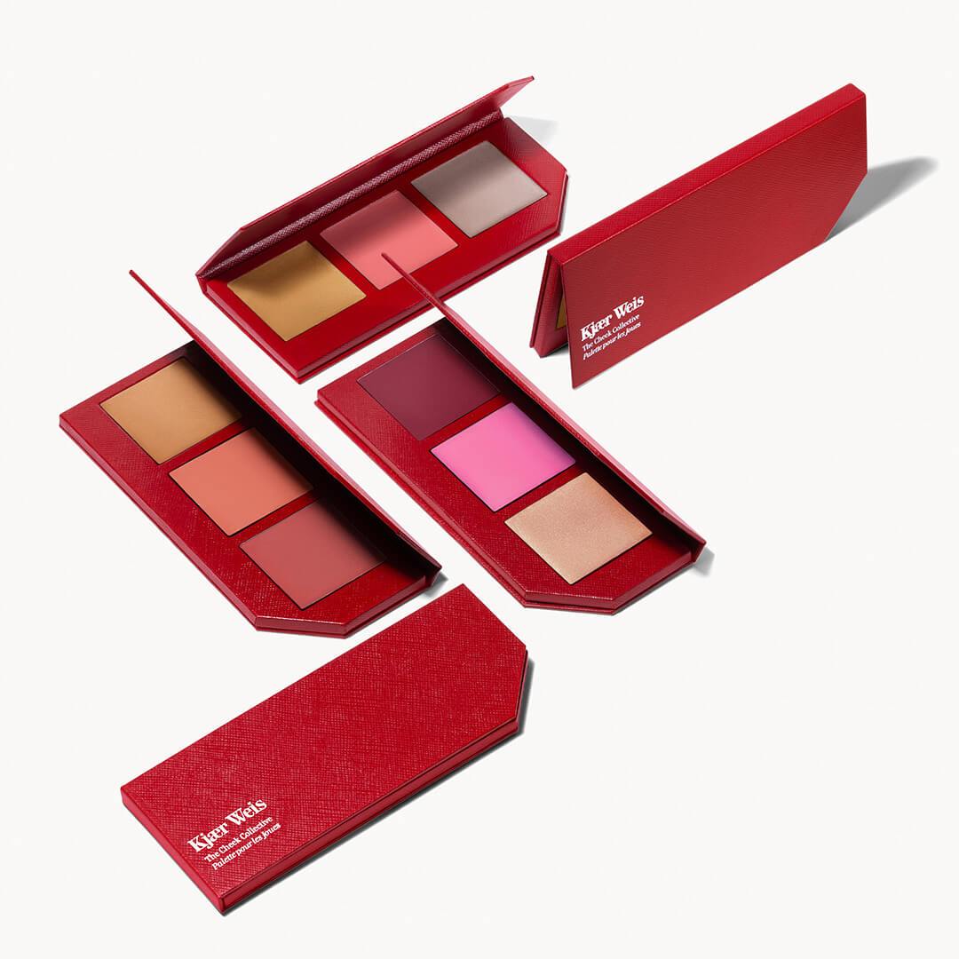 5 Curated Cheek palettes with three colors on each of them. All within a red compostable leather lacquer-looking palette