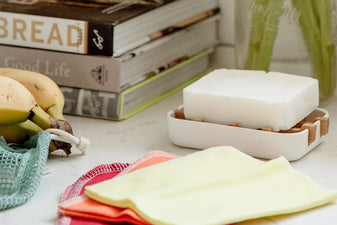 zero waste dish soap block on a white dish