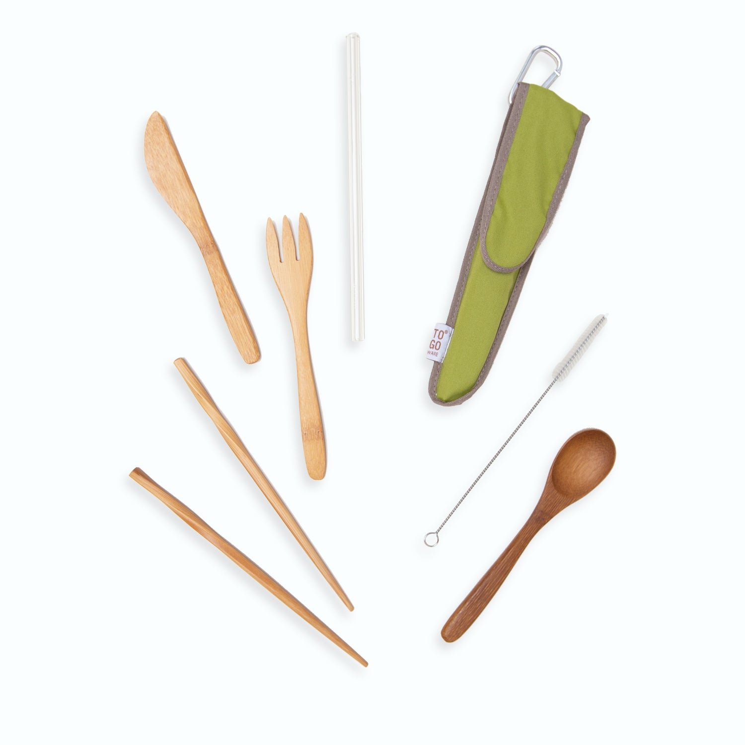 Reusable bamboo to-go silverware set with cloth storage pouch.