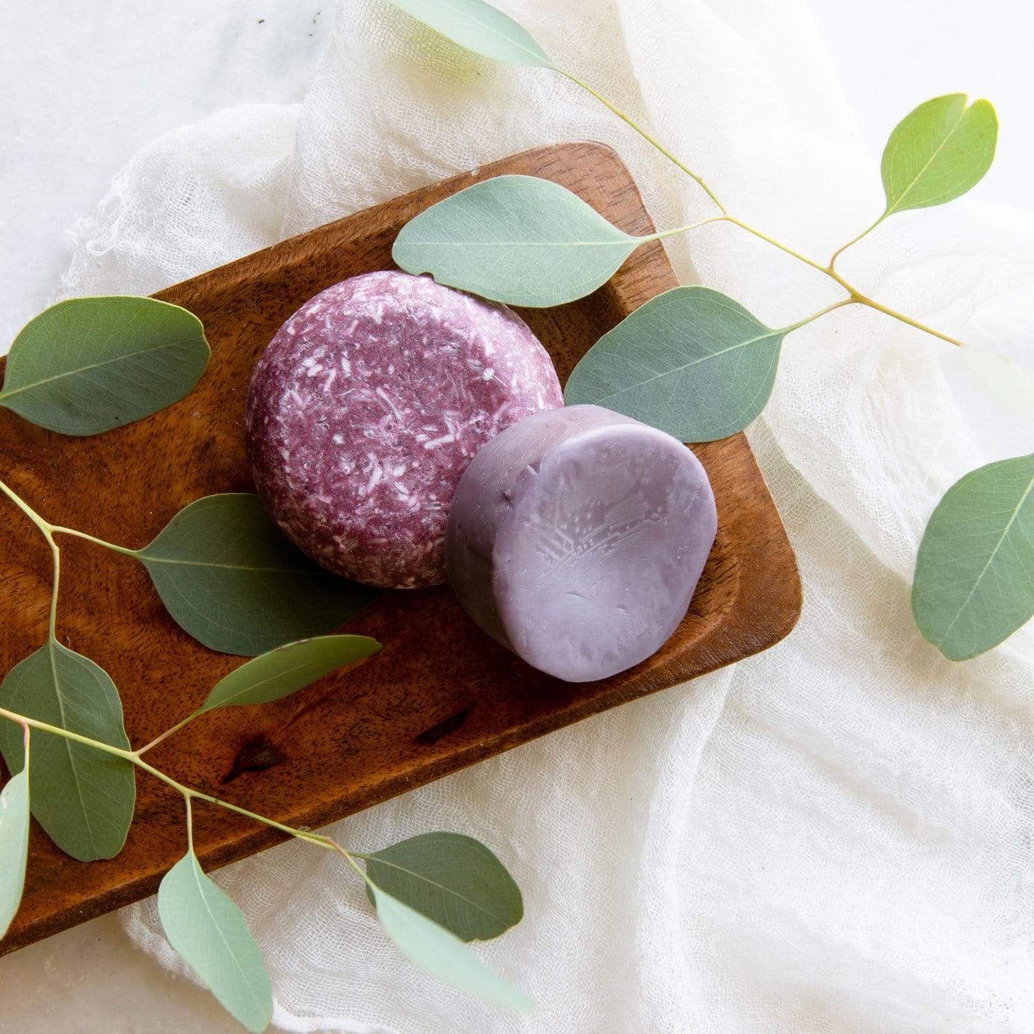 (brown) driftwood shampoo and conditioner bar resting on a zerowastestore essentials soap dish