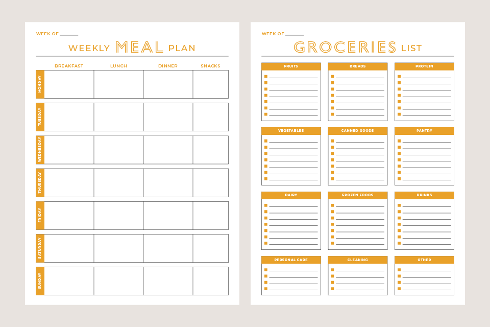 Digital weekly meal plan and groceries list template