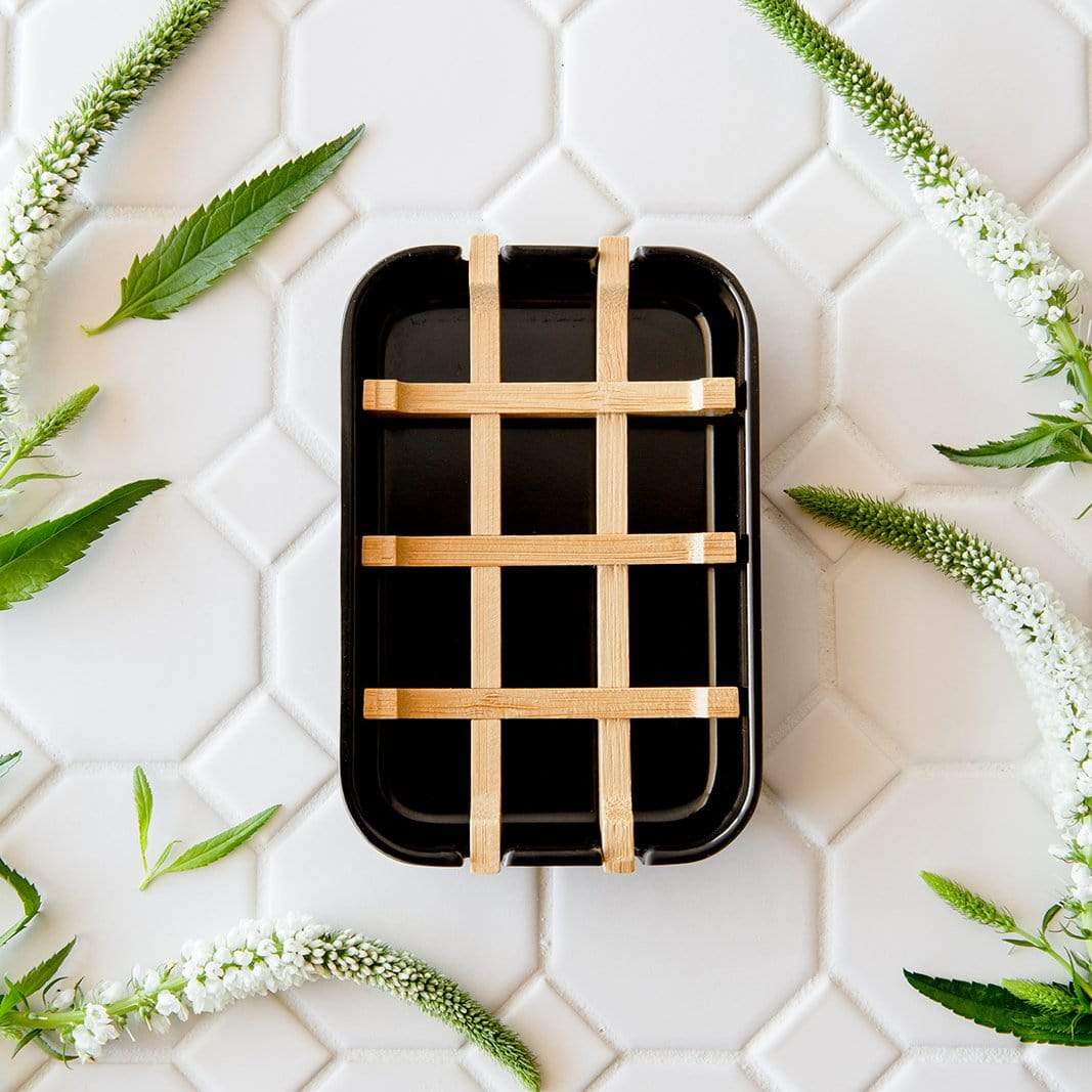 Black plastic-free soap dish with bamboo grid insert