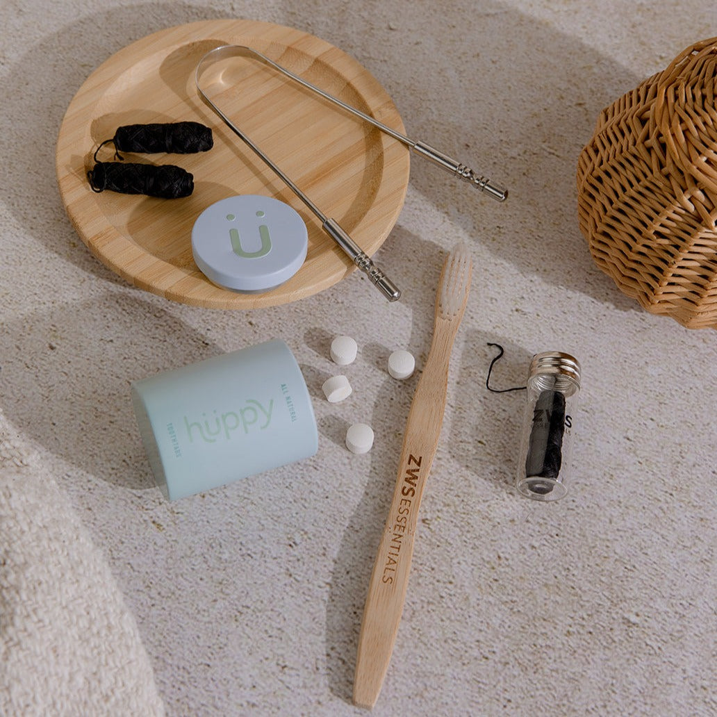 An arrangement of zero waste oral hygiene products