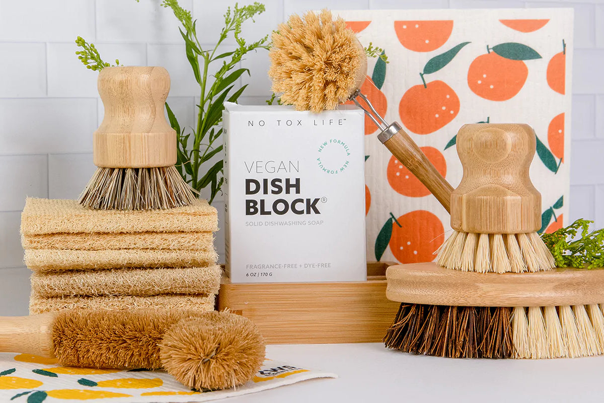 plastic-free dish brushes, scrubbers, sponges, an d a vegan dish soap block