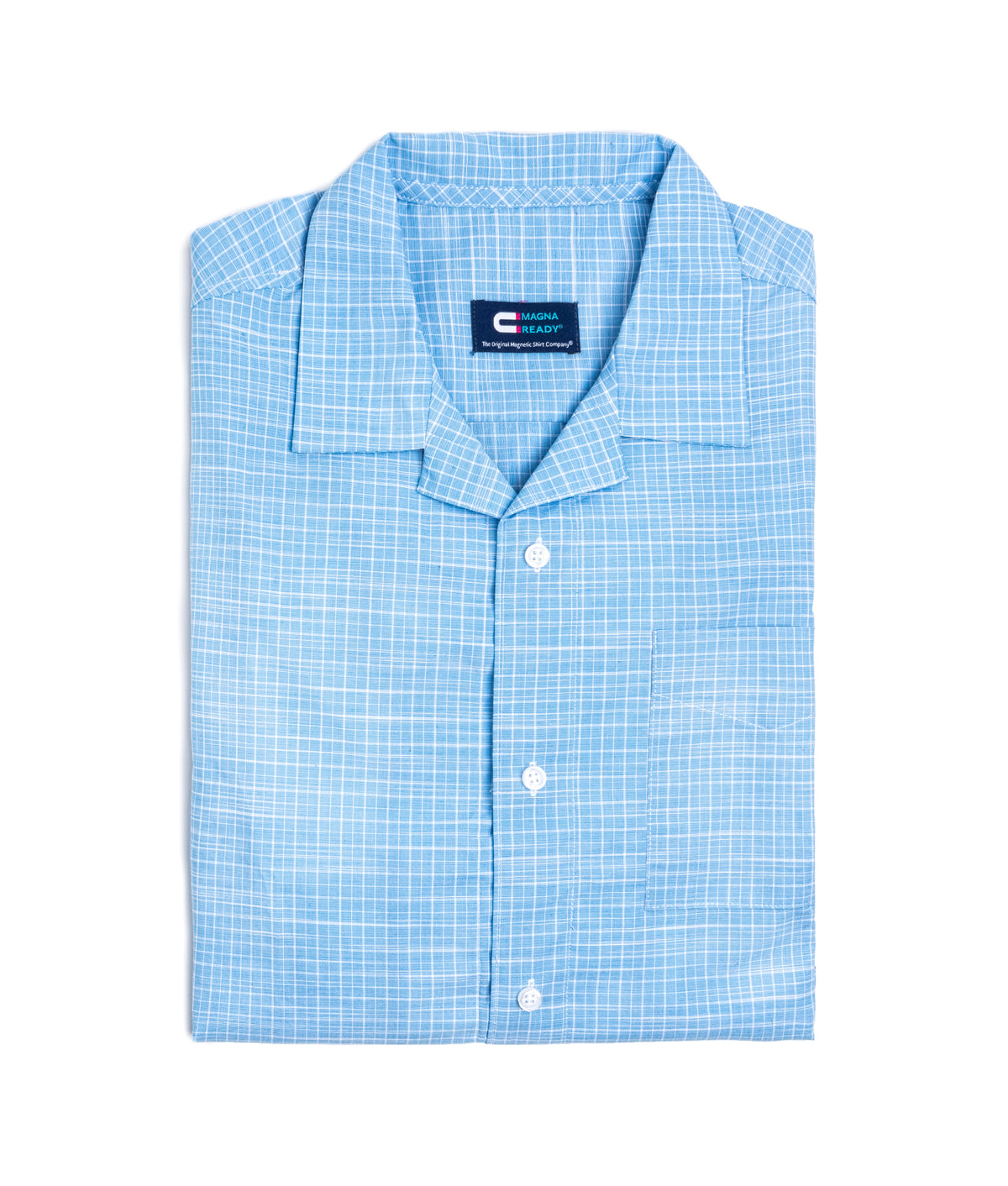 Untucked Light Blue Cotton Casual Mini Grid Camp Shirt With Magnetic Closures