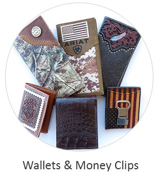 Image displays various Men's Western Wallets and money Clips. If you need any further assistance or occomidation please contact us Monday thru Friday from 10 a.m. eastern time to 8 p.m. eastern time at TEL: five six one seven four eight eight eight zero one.