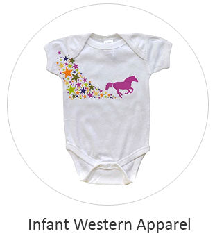 Infant Apparel. Images shows childrens onsie with horse image. Link directs to childrens clothing. If you need any further assistance or occomidation please contact us Monday thru Friday from 10 a.m. eastern time to 8 p.m. eastern time at TEL: five six one seven four eight eight eight zero one.