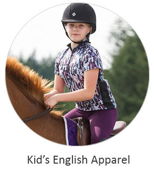 Kid's English Riding Clothing. Image shoes child riding a horse wearing a helmet. Link directs to english apparel for children. If you need any further assistance or occomidation please contact us Monday thru Friday from 10 a.m. eastern time to 8 p.m. eastern time at TEL: five six one seven four eight eight eight zero one.