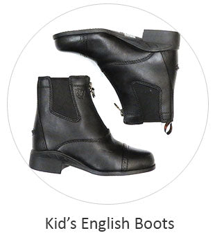Kid's Equestrian Riding Footwear. Image of a pair of english riding boots for children. Link directs to childrens riding boots. If you need any further assistance or occomidation please contact us Monday thru Friday from 10 a.m. eastern time to 8 p.m. eastern time at TEL: five six one seven four eight eight eight zero one.