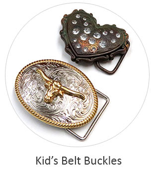 Kid's Western Belt buckles. Image shows childrens western belt buckel with steer head. Link leads to childrens belt buckels. If you need any further assistance or occomidation please contact us Monday thru Friday from 10 a.m. eastern time to 8 p.m. eastern time at TEL: five six one seven four eight eight eight zero one.