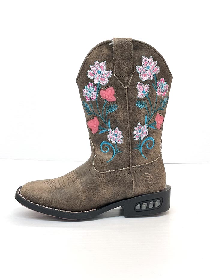 Roper 09-018-1203-2761 Kids Dazzle Light Up Floral Square Toe Western Boots Brown