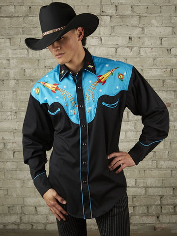 097CA01 Negro  Men Ranger's cowboy black shirt with mexican brown  stitching - Corbeto's Boots